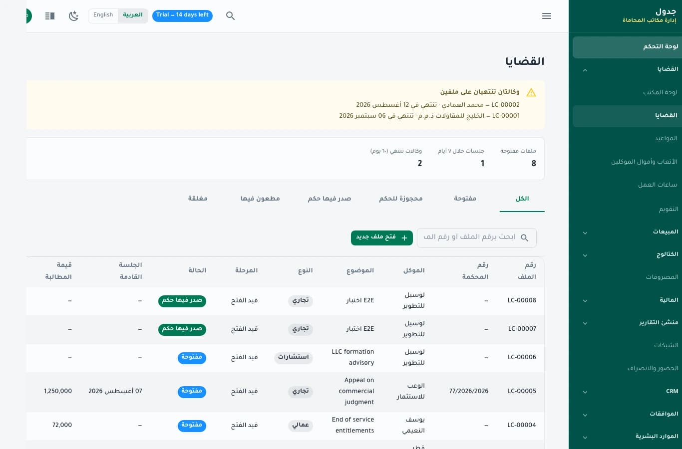قائمة القضايا بأرقامها ومحاكمها ومراحلها